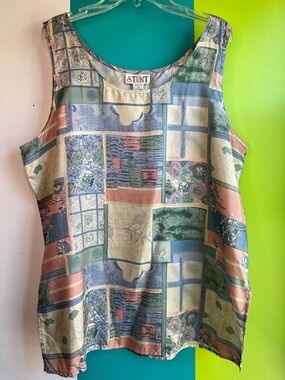 Vintage 100% Silk Patchwork Print Tank Top Blouse